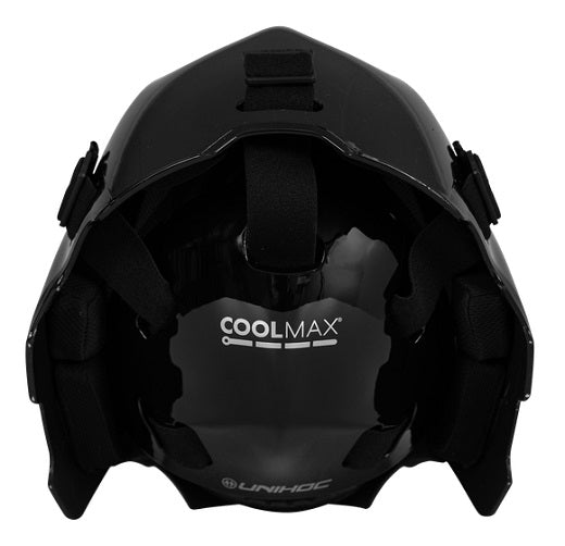 Målmands hjelm - Unihoc ALPHA PRIME EVOLAB - Sort/sølv floorball hjelm