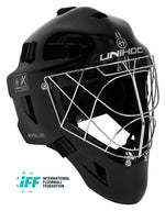 Målmands hjelm - Unihoc ALPHA PRIME EVOLAB - Sort/sølv floorball hjelm