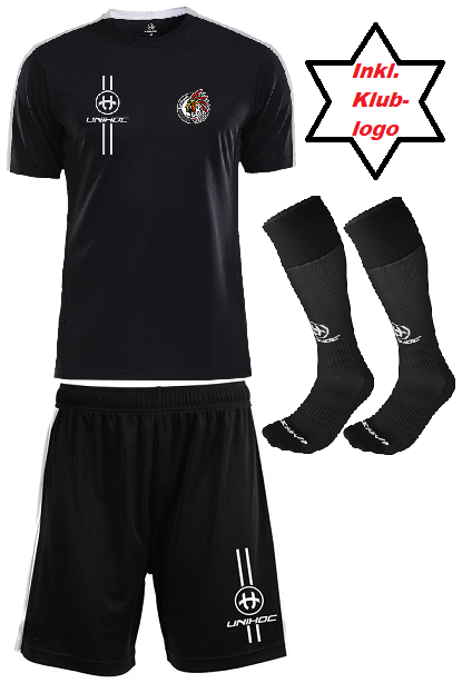 Træningssæt (Frederikshavn Blackhawks) - Unihoc Arrow - T-shirt, shorts og strømper inkl. klublogo (Str. 120-XXL)