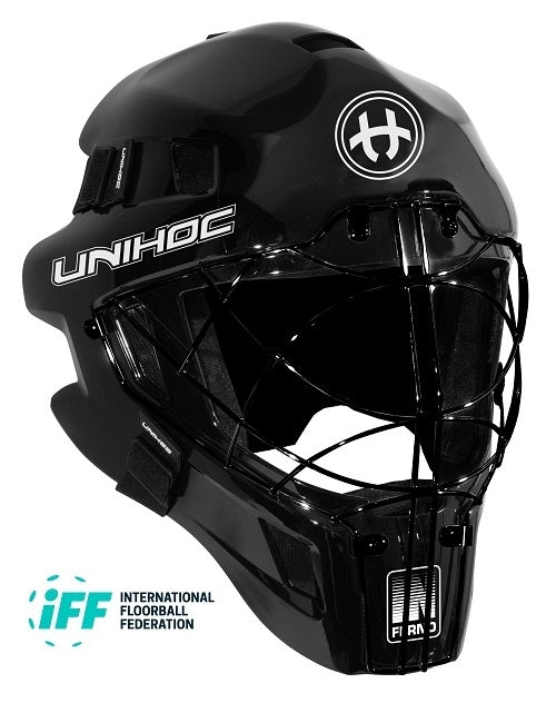 Sr. målmandssæt - Unihoc INFERNO All Black - floorball trøje, bukser og hjelm inkl. logo (Str. XS-3XL)