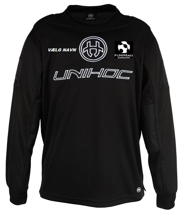 Sr. målmandssæt - Unihoc INFERNO All Black - floorball trøje, bukser og hjelm inkl. logo (Str. XS-3XL)