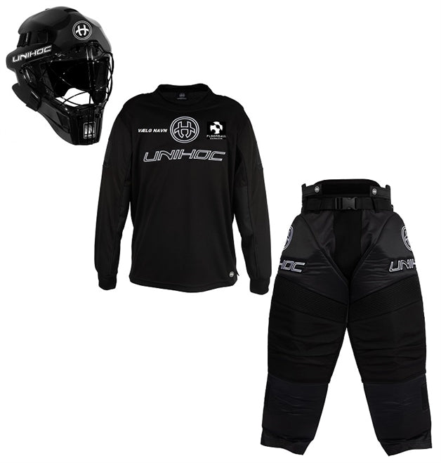 Sr. målmandssæt - Unihoc INFERNO All Black - floorball trøje, bukser og hjelm inkl. logo (Str. XS-3XL)