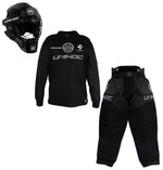 Sr. målmandssæt - Unihoc INFERNO All Black - floorball trøje, bukser og hjelm inkl. logo (Str. XS-3XL)